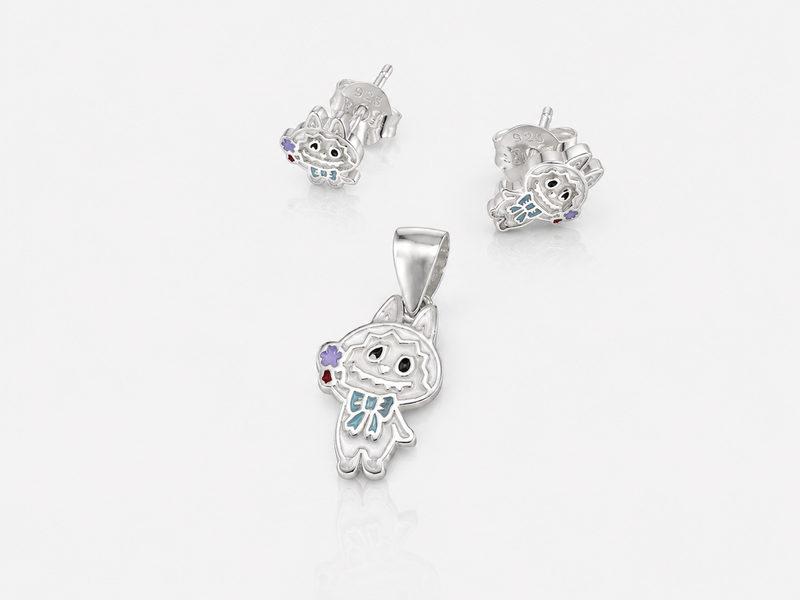 Silver Enamel Kitty Charm Pendant & Stud Set – view 2