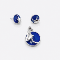 Silver Blue Enamel Swirl Blossom Pendant Set – view 2