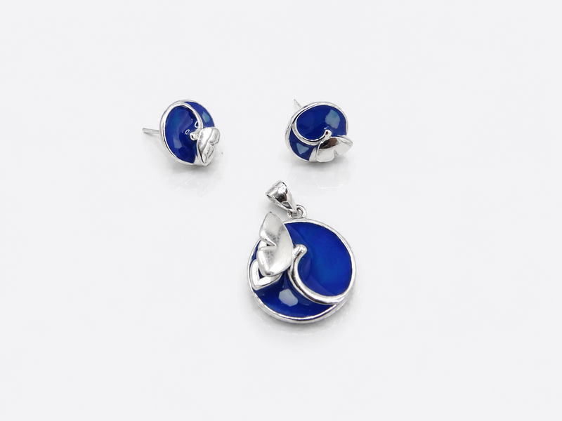 Silver Blue Enamel Swirl Blossom Pendant Set – view 2