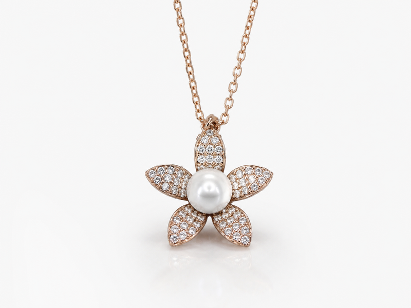 Silver Pearl Flower Pendant with Rose Gold Finish – view 2