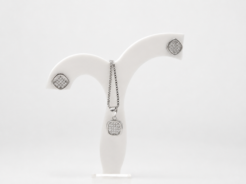 Silver Pave Cushion Pendant & Stud Set – view 2
