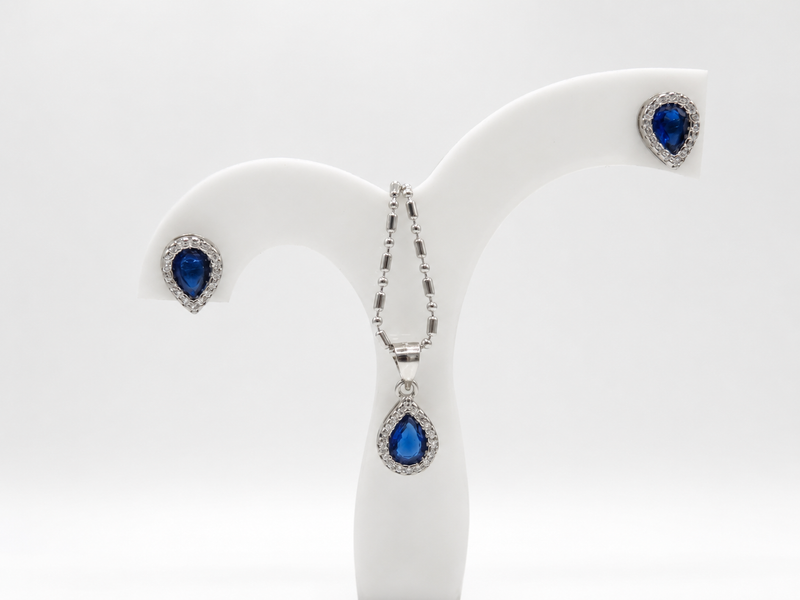 Silver Blue Teardrop CZ Halo Pendant & Earring Set – view 2