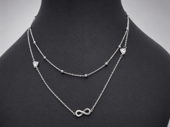 Silver Layered Infinity & Heart Chain Necklace
