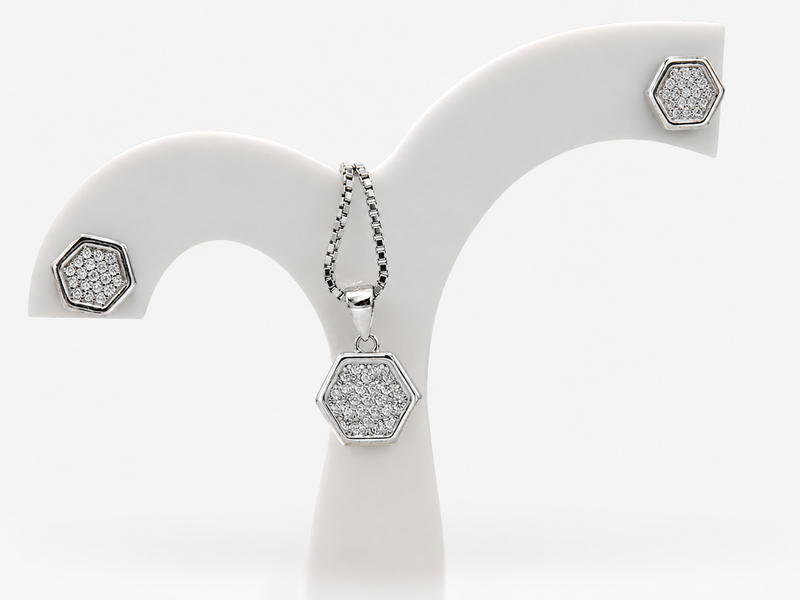 Silver Pave Hexagon Pendant & Stud Set – view 2