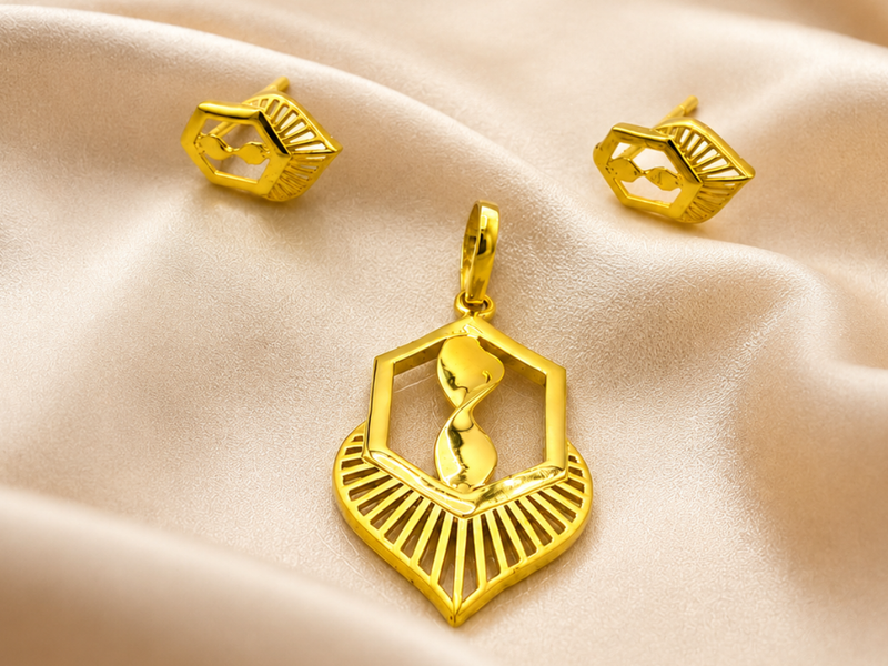 Golden Hexagon Fan Pendant & Stud Set