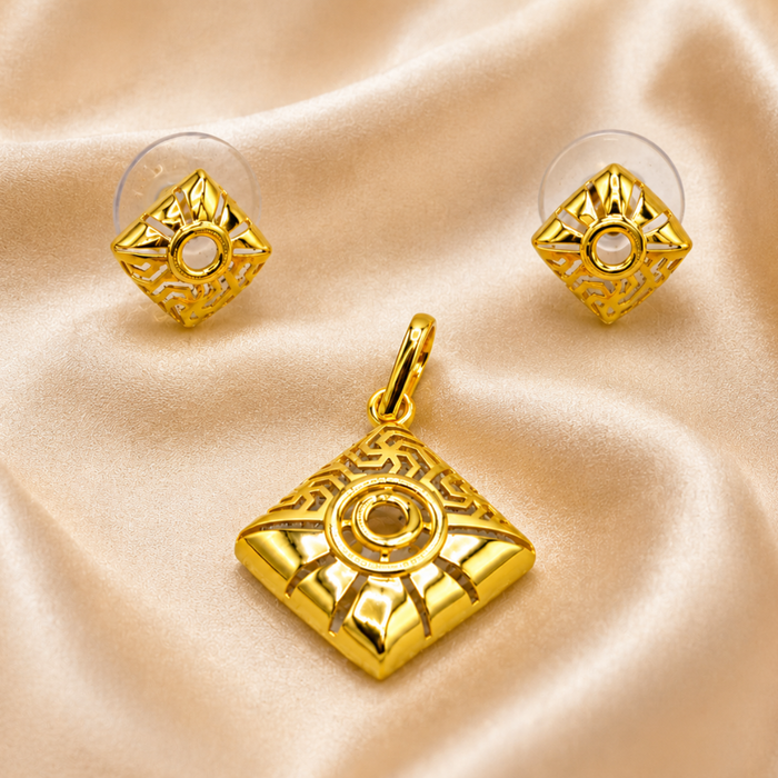 Golden Diamond Sunburst Pendant & Stud Set
