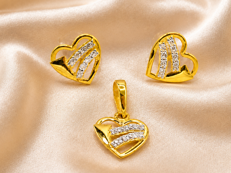 Golden CZ Stripe Heart Pendant & Stud Set