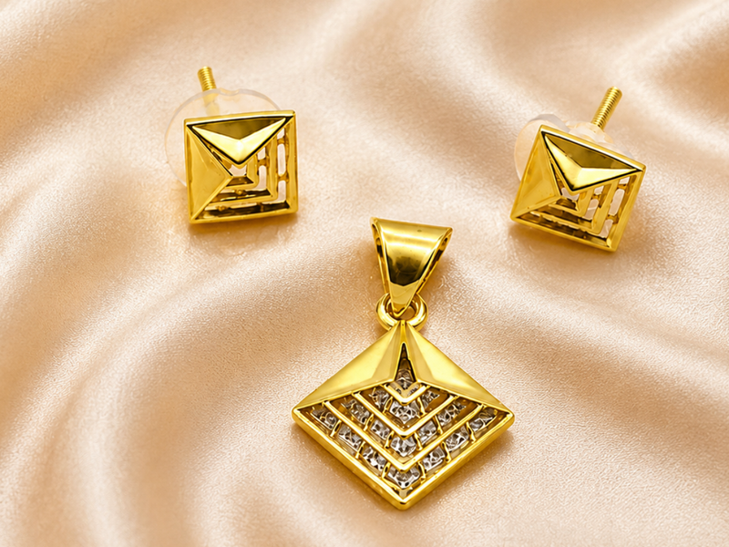 Golden Pyramid CZ Pendant & Stud Set
