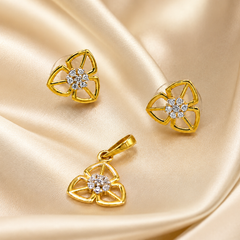 Golden Floral Openwork CZ Pendant & Stud Set