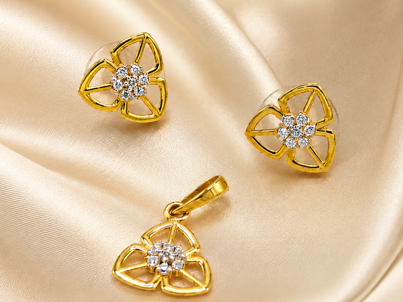 Golden Floral Openwork CZ Pendant & Stud Set