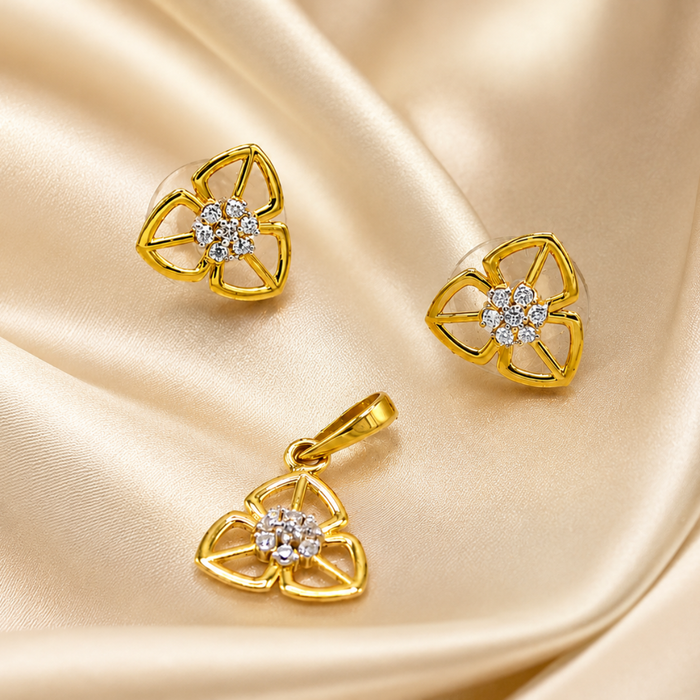 Golden Floral Openwork CZ Pendant & Stud Set