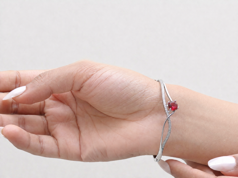 Silver Red Solitaire Crossover Bangle Bracelet – view 2