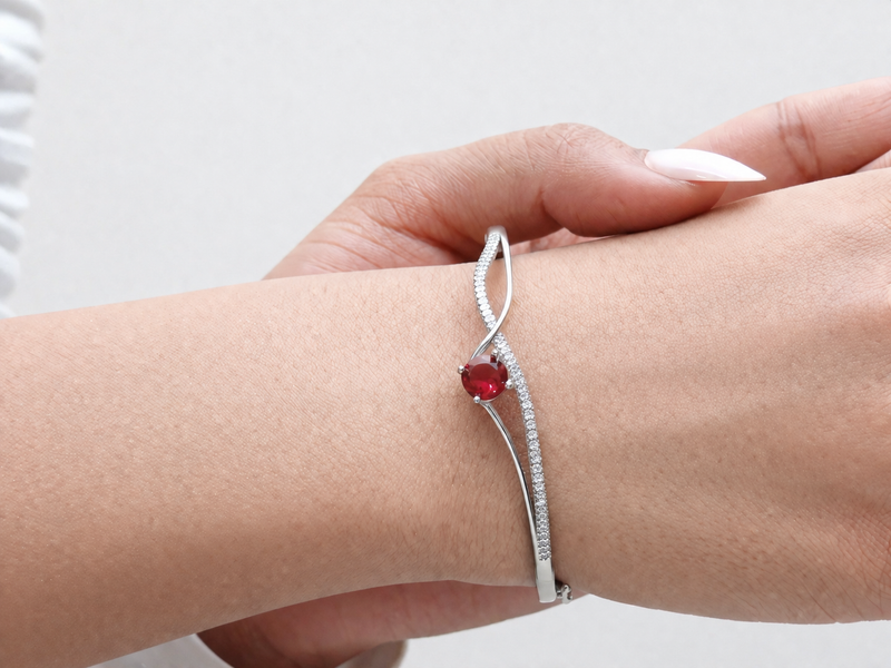 Silver Red Solitaire Crossover Bangle Bracelet – view 3