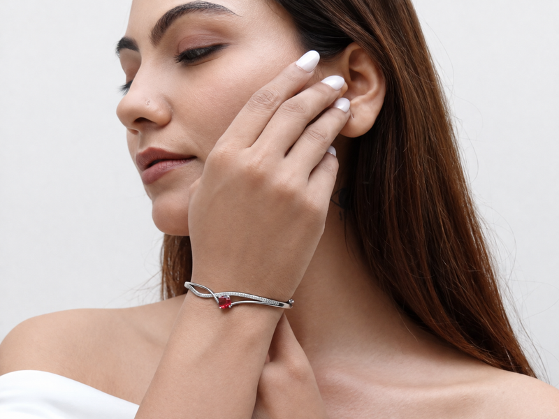 Silver Red Solitaire Crossover Bangle Bracelet – view 4