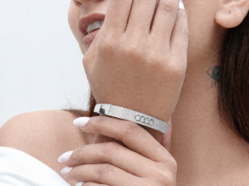 Silver Broad Pave Circle Hinged Bangle – view 3