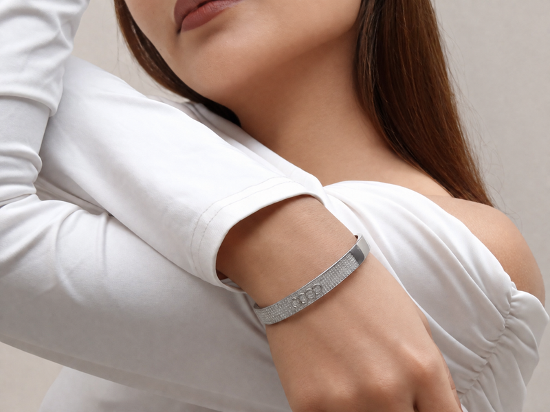 Silver Broad Pave Circle Hinged Bangle – view 4