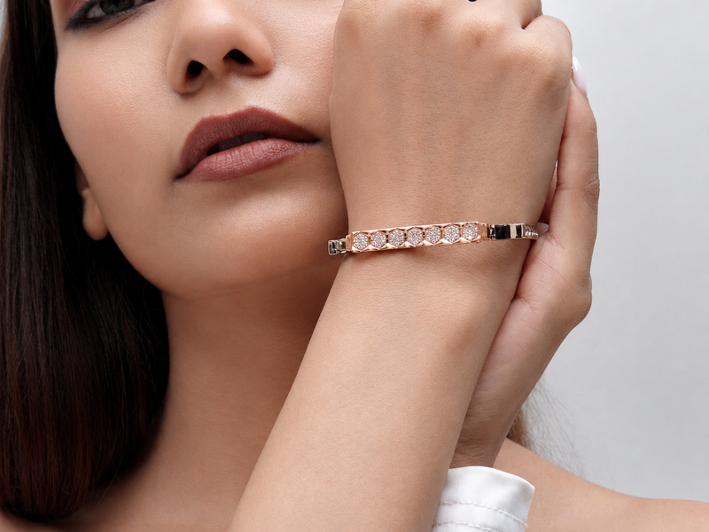 Silver Bangle with Rose Gold Honeycomb CZ Bar – view 2
