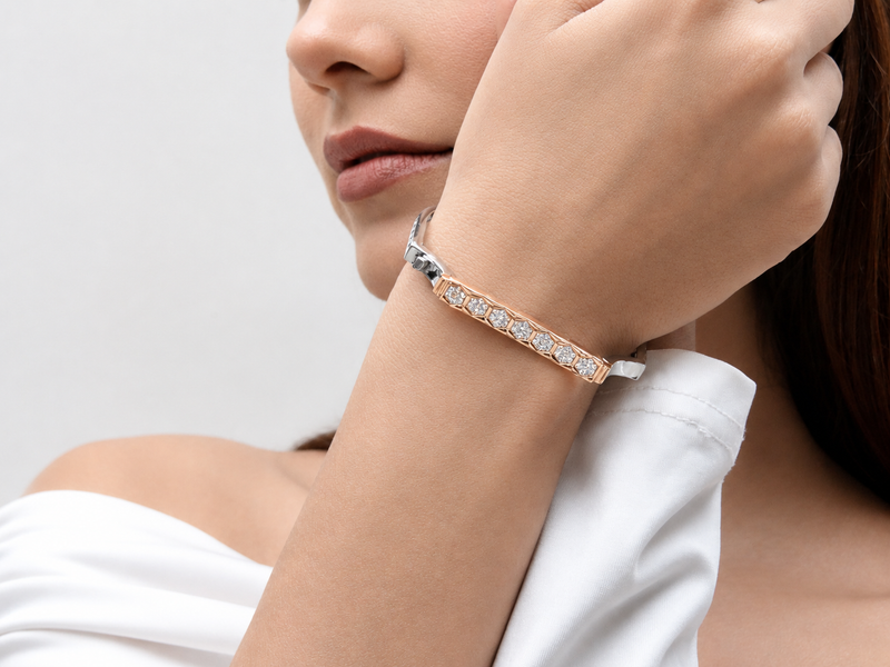 Silver Bangle with Rose Gold Honeycomb CZ Bar – view 3