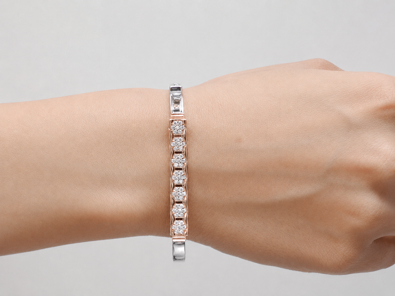 Silver Bangle with Rose Gold Honeycomb CZ Bar – view 4