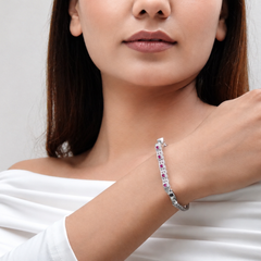 Silver Pink & White CZ Bar Hinged Bangle – view 2