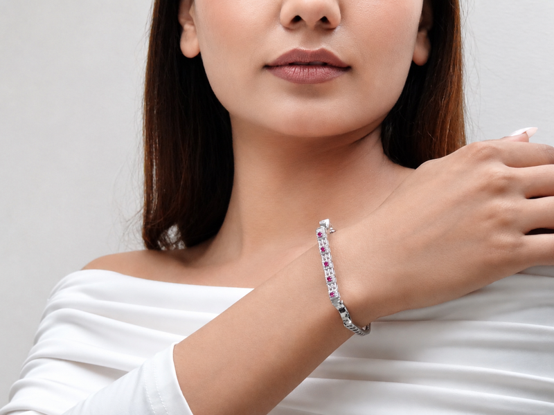 Silver Pink & White CZ Bar Hinged Bangle – view 2
