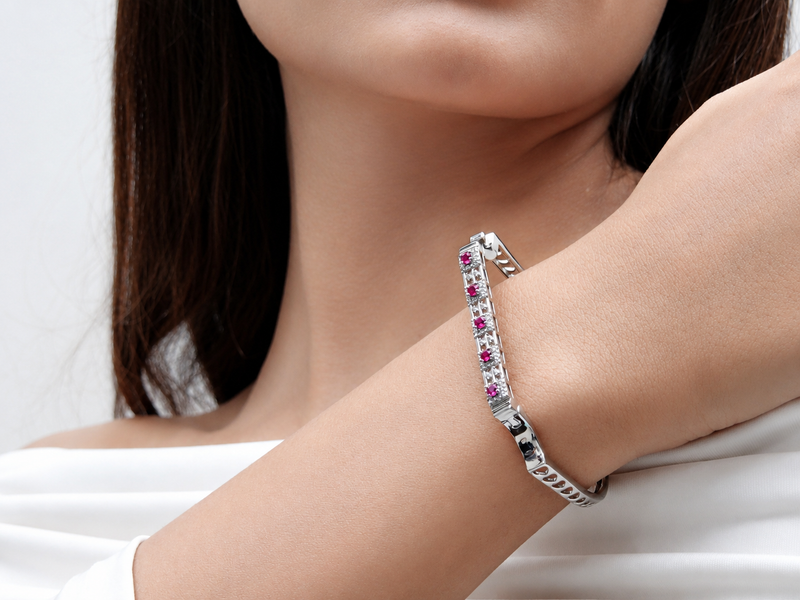 Silver Pink & White CZ Bar Hinged Bangle – view 3