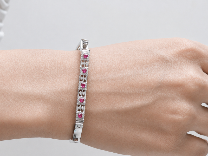 Silver Pink & White CZ Bar Hinged Bangle – view 4