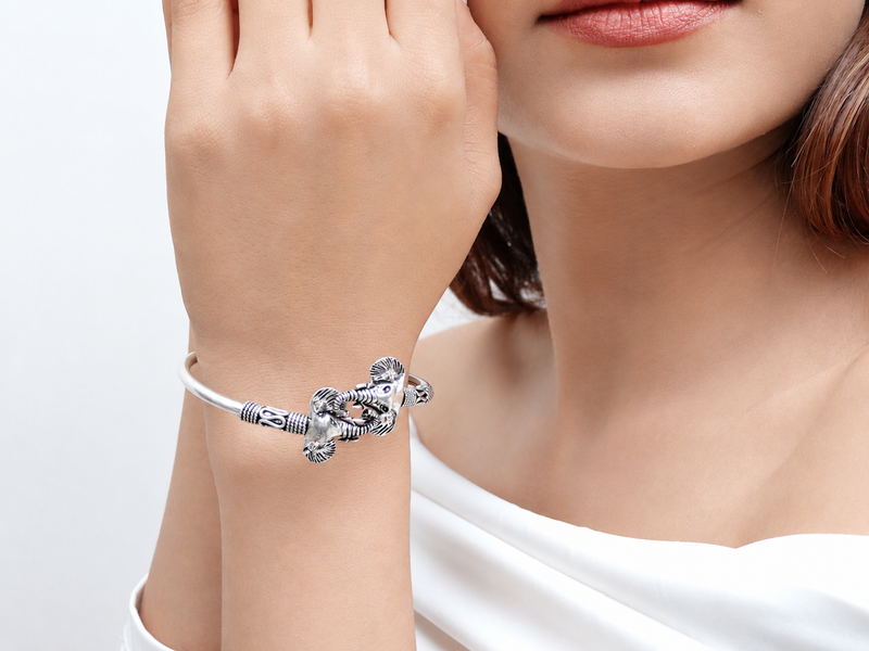 Oxidised Silver Twin Elephant Kada Bracelet – view 4