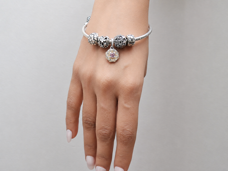 Silver Charm Bead Bangle with Gold-Tone Accents – view 2