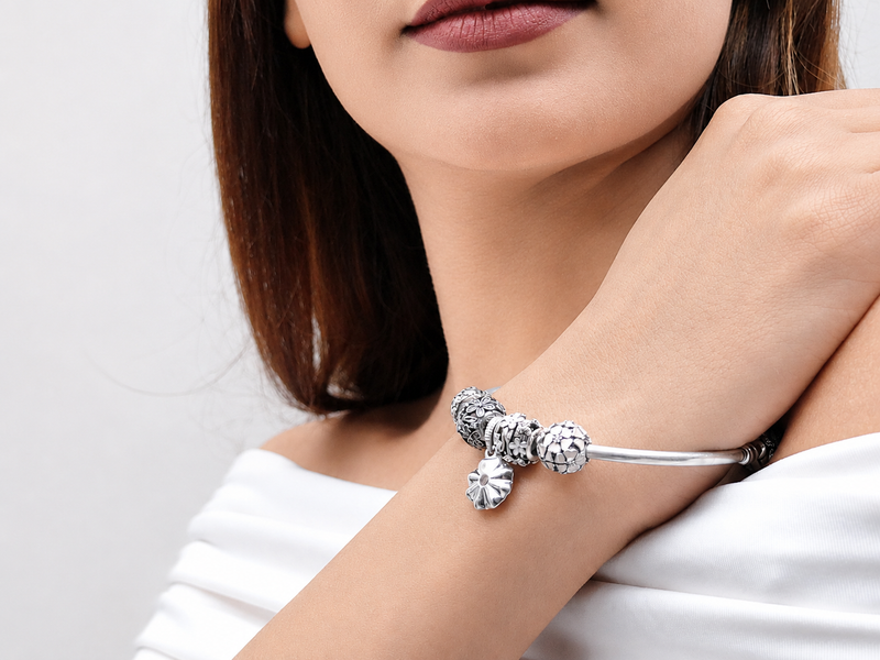 Silver Charm Bead Bangle with Gold-Tone Accents – view 4