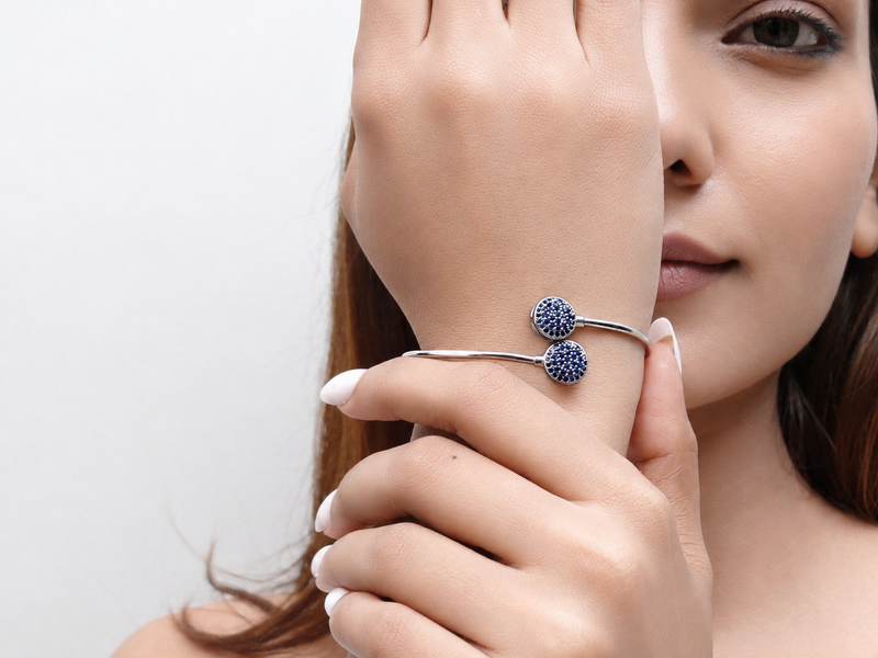 Silver Blue Pave Twin Disc Bangle Bracelet – view 2