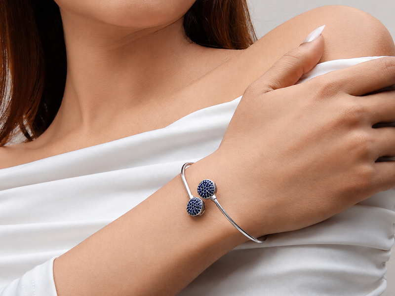 Silver Blue Pave Twin Disc Bangle Bracelet – view 3
