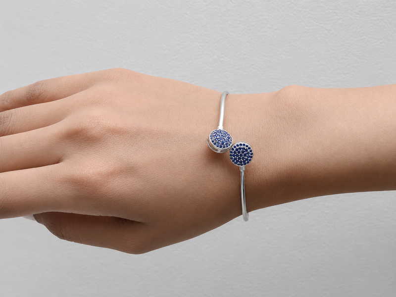 Silver Blue Pave Twin Disc Bangle Bracelet – view 4