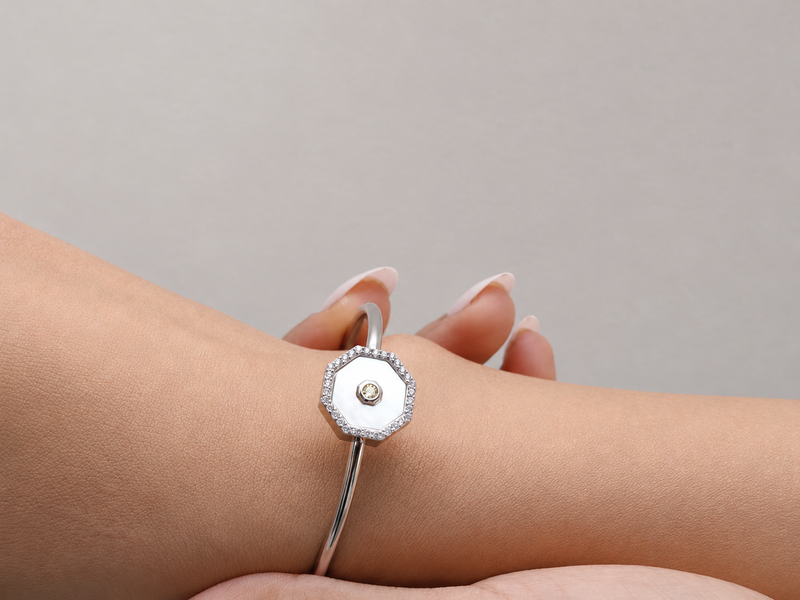 Silver Octagon Mother of Pearl Cuff Bracelet – view 2