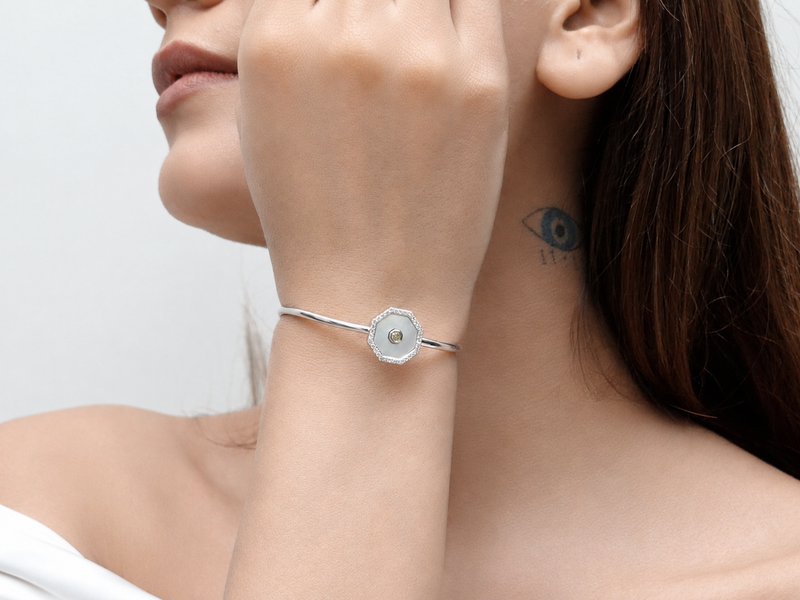 Silver Octagon Mother of Pearl Cuff Bracelet – view 4