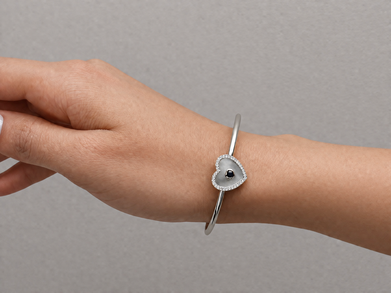 Silver Mother of Pearl Heart Cuff Bracelet – view 2