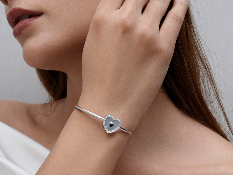 Silver Mother of Pearl Heart Cuff Bracelet – view 3