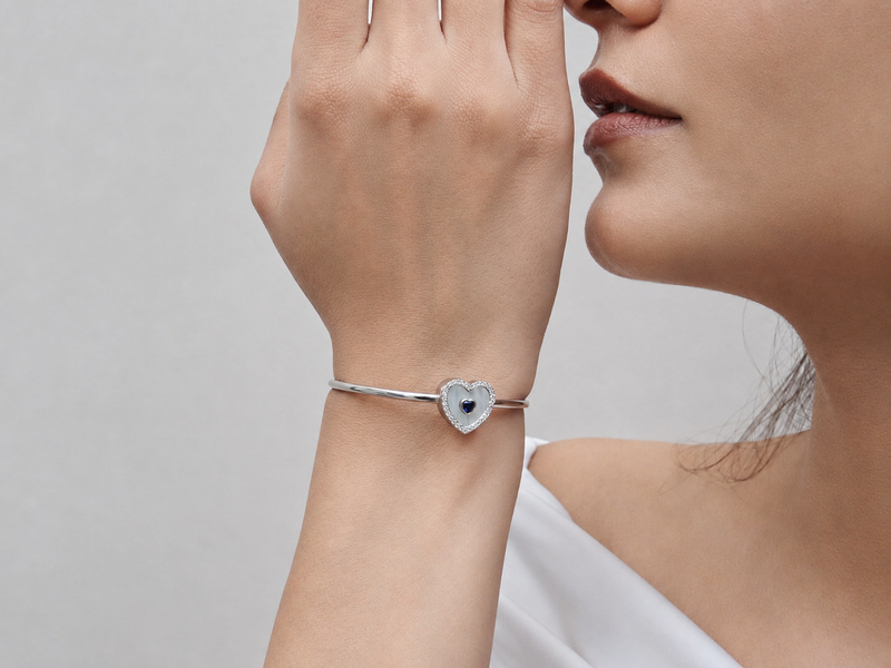 Silver Mother of Pearl Heart Cuff Bracelet – view 4