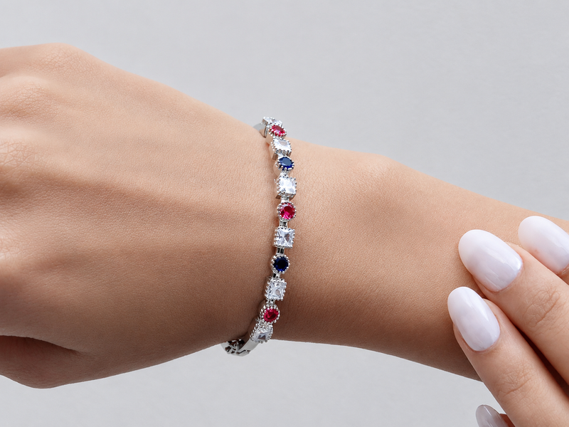 Silver Multicolour Stone Station Bangle Bracelet – view 2