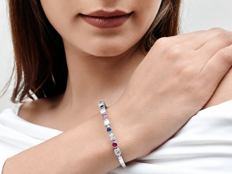 Silver Multicolour Stone Station Bangle Bracelet – view 3