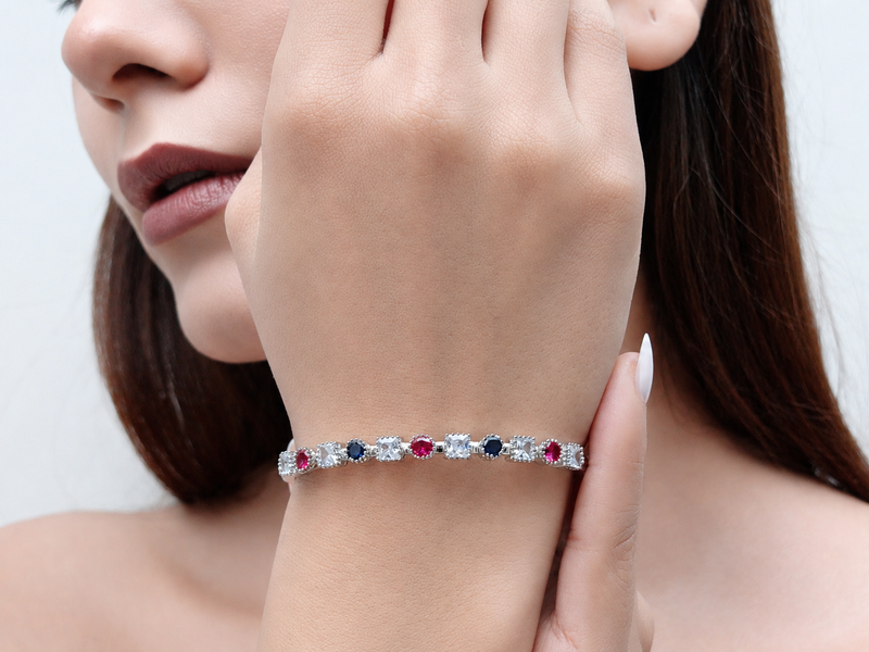 Silver Multicolour Stone Station Bangle Bracelet – view 4
