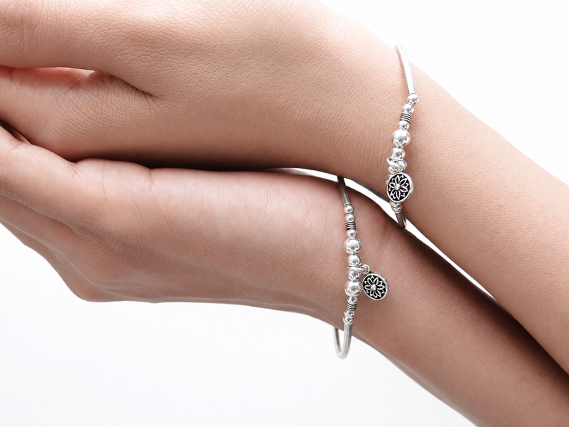 Oxidised Silver Mandala Charm Beaded Bracelet – view 2