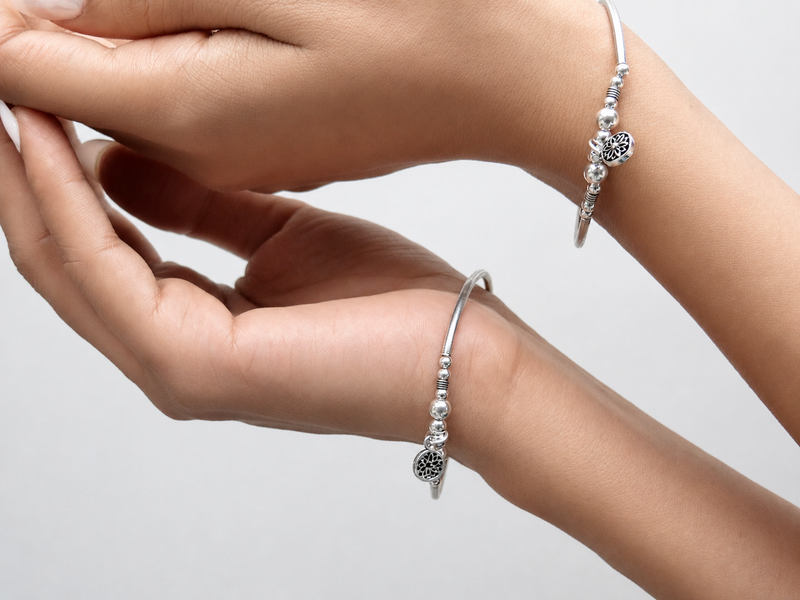 Oxidised Silver Mandala Charm Beaded Bracelet – view 3
