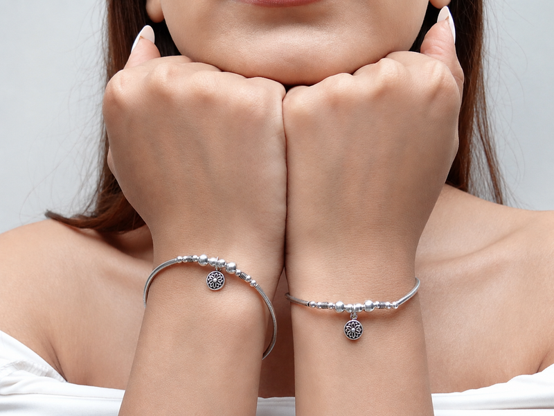 Oxidised Silver Mandala Charm Beaded Bracelet – view 4