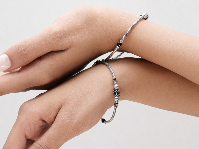 Oxidised Silver Black Bead Rope Bracelet – view 4