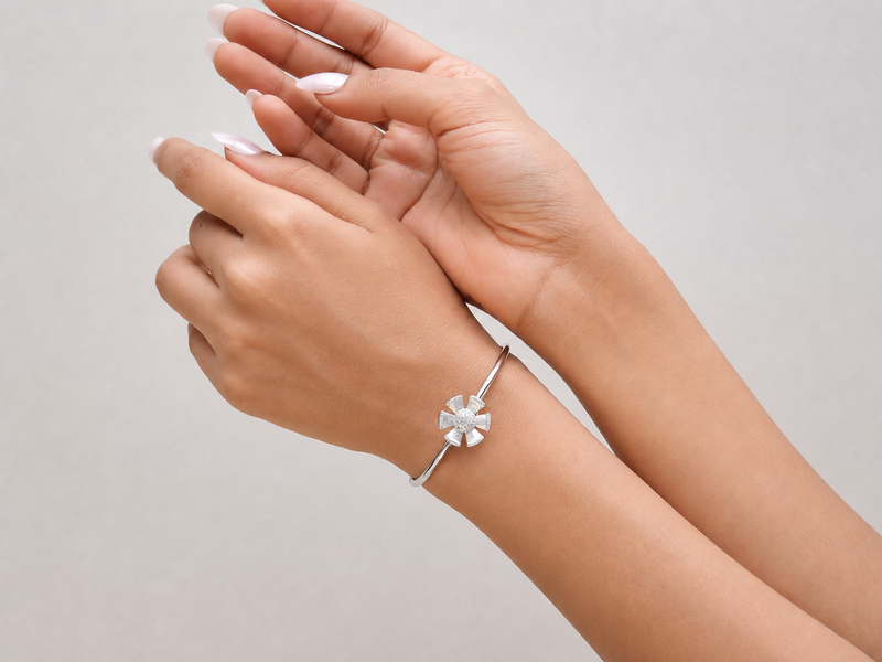 Silver Pinwheel CZ Flower Cuff Bracelet – view 2