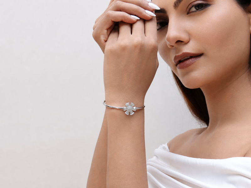 Silver Pinwheel CZ Flower Cuff Bracelet – view 3