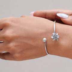 Silver Green Flower & Pearl Open Cuff Bracelet – view 2