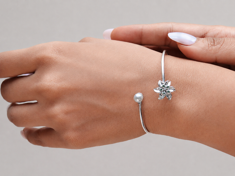 Silver Green Flower & Pearl Open Cuff Bracelet – view 2