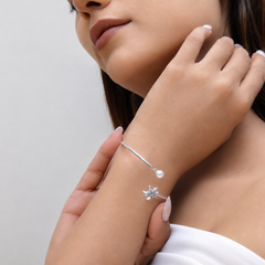 Silver Green Flower & Pearl Open Cuff Bracelet – view 3